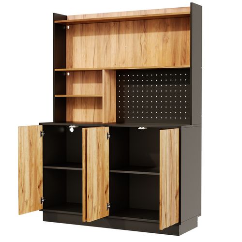 Buffet De Cuisine 120x43x160 Cm Avec LED, Prises USB Et Panneau Perforé, Bois Naturel Et Noir