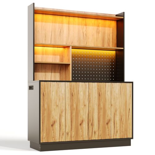 Buffet De Cuisine 120x43x160 Cm Avec LED, Prises USB Et Panneau Perforé, Bois Naturel Et Noir