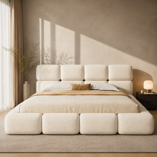 Lit Coffre 200x200 Cm Bouclé Avec Tête De Lit Rembourrée Design Nuage, Blanc