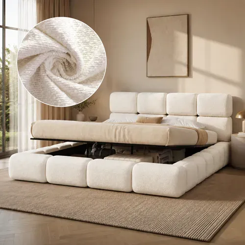 Lit Coffre 200x200 Cm Bouclé Avec Tête De Lit Rembourrée Design Nuage, Blanc