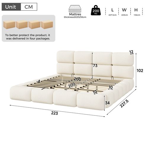 Lit Coffre 200x200 Cm Bouclé Avec Tête De Lit Rembourrée Design Nuage, Blanc