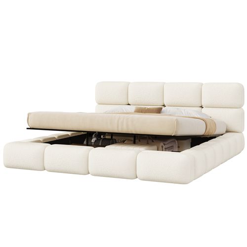 Lit Coffre 200x200 Cm Bouclé Avec Tête De Lit Rembourrée Design Nuage, Blanc