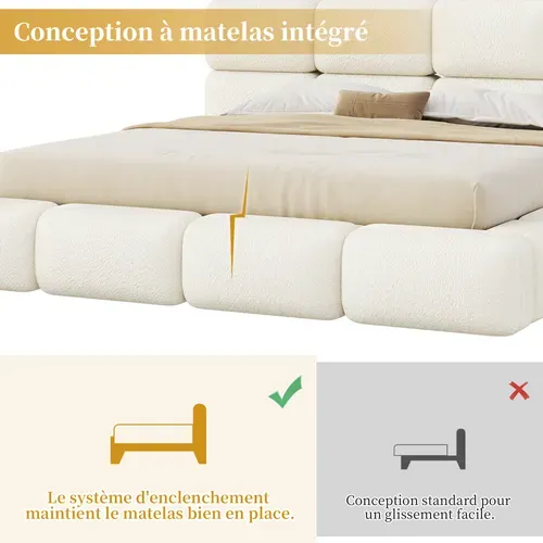 Lit Coffre 200x200 Cm Bouclé Avec Tête De Lit Rembourrée Design Nuage, Blanc