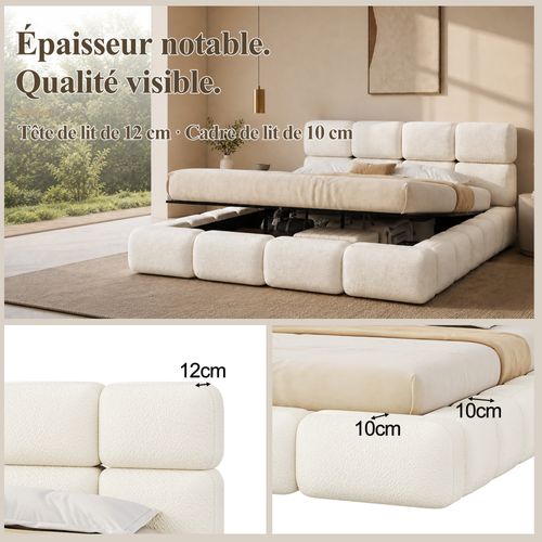 Lit Coffre 200x200 Cm Bouclé Avec Tête De Lit Rembourrée Design Nuage, Blanc