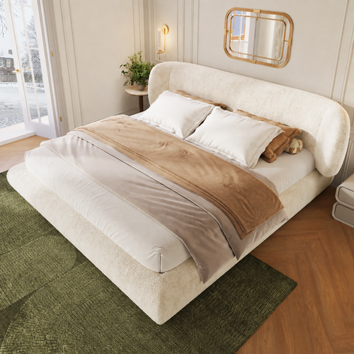Lit 2 Places 140x190 Cm Avec Sommier, Tête De Lit Rembourrée Et Coins Arrondis, Beige