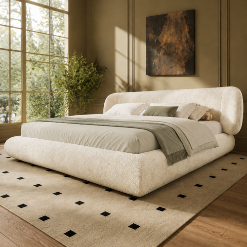 Lit 2 Places 140x190 Cm Avec Sommier, Tête De Lit Rembourrée Et Coins Arrondis, Beige