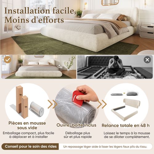 Lit 2 Places 140x190 Cm Avec Sommier, Tête De Lit Rembourrée Et Coins Arrondis, Beige