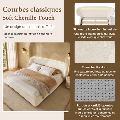 Lit 2 Places 140x190 Cm Avec Sommier, Tête De Lit Rembourrée Et Coins Arrondis, Beige