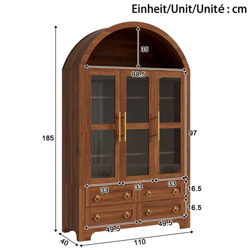Buffet Avec 3 Portes Vitrées, 4 Tiroirs Et Niche Ouverte En Arche, Noyer