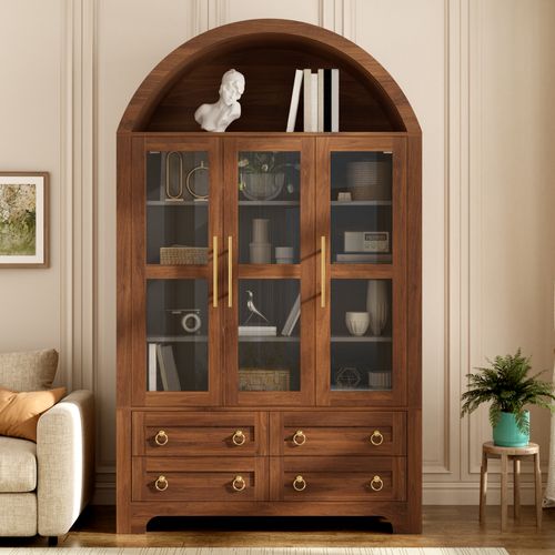 Buffet Avec 3 Portes Vitrées, 4 Tiroirs Et Niche Ouverte En Arche, Noyer