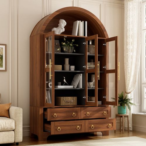 Buffet Avec 3 Portes Vitrées, 4 Tiroirs Et Niche Ouverte En Arche, Noyer