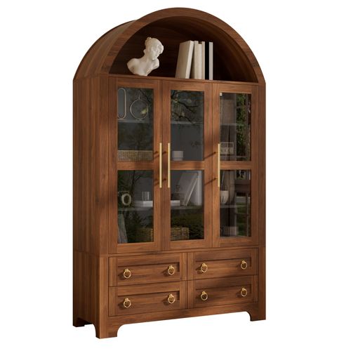 Buffet Avec 3 Portes Vitrées, 4 Tiroirs Et Niche Ouverte En Arche, Noyer