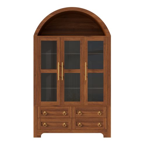 Buffet Avec 3 Portes Vitrées, 4 Tiroirs Et Niche Ouverte En Arche, Noyer