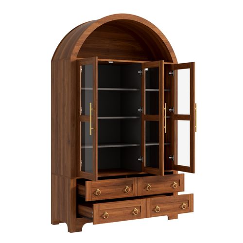 Buffet Avec 3 Portes Vitrées, 4 Tiroirs Et Niche Ouverte En Arche, Noyer