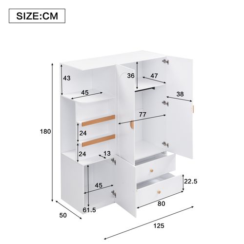 Armoire De Rangement Avec 2 Tiroirs, Penderie Et étagères Ouvertes, Blanc