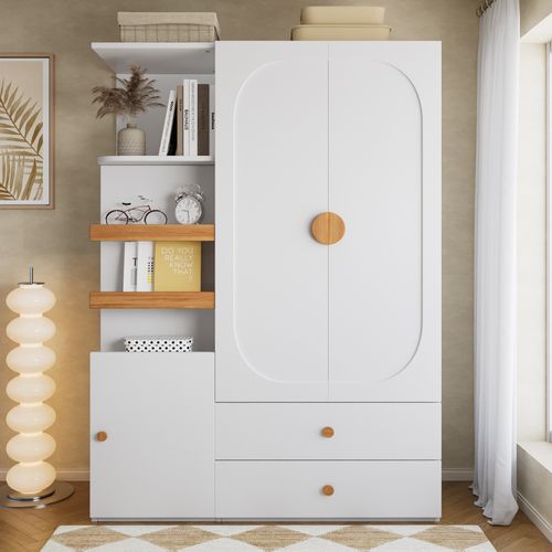 Armoire De Rangement Avec 2 Tiroirs, Penderie Et étagères Ouvertes, Blanc