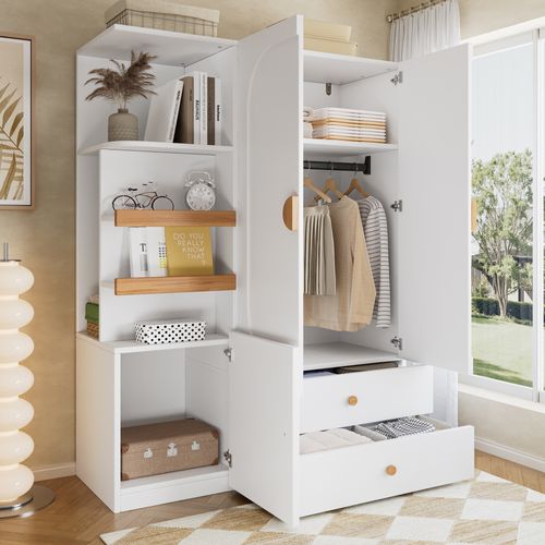 Armoire De Rangement Avec 2 Tiroirs, Penderie Et étagères Ouvertes, Blanc