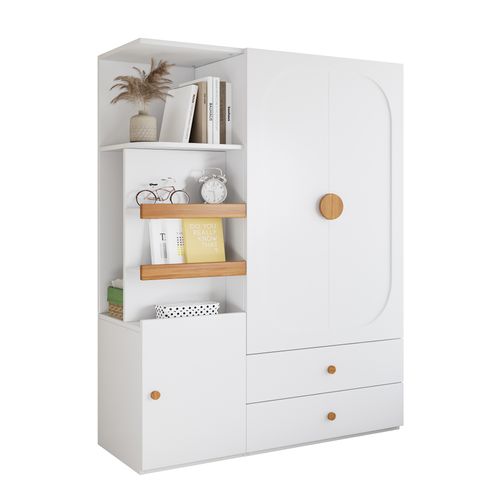 Armoire De Rangement Avec 2 Tiroirs, Penderie Et étagères Ouvertes, Blanc
