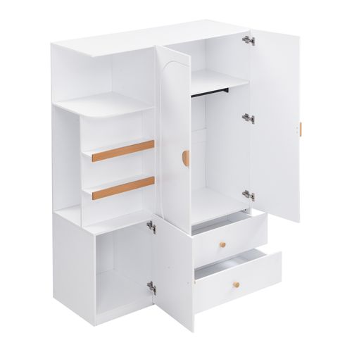 Armoire De Rangement Avec 2 Tiroirs, Penderie Et étagères Ouvertes, Blanc