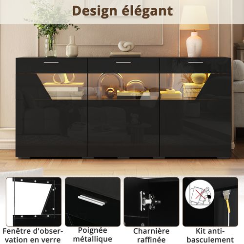 Buffet 160 Cm Avec LED, 3 Portes Vitrées Et Rangement, Noir