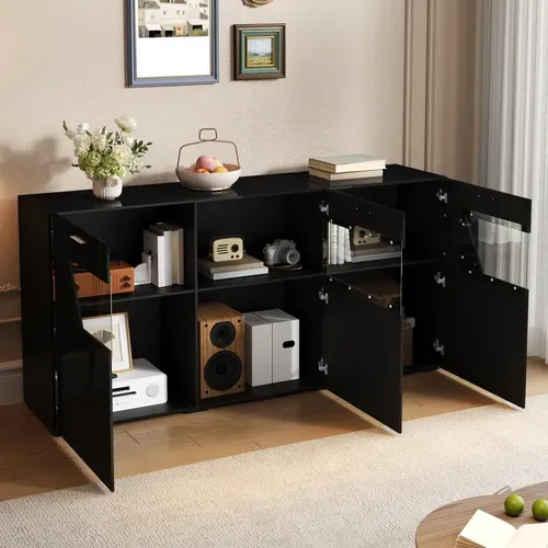 Buffet 160 Cm Avec LED, 3 Portes Vitrées Et Rangement, Noir