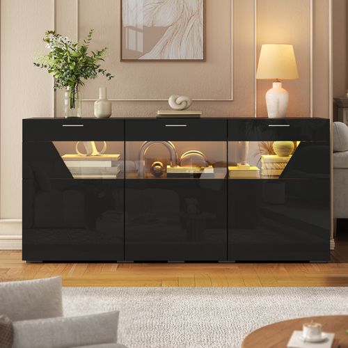 Buffet 160 Cm Avec LED, 3 Portes Vitrées Et Rangement, Noir
