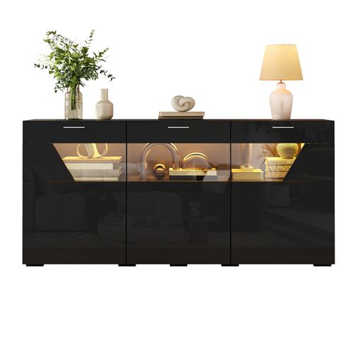 Buffet 160 Cm Avec LED, 3 Portes Vitrées Et Rangement, Noir
