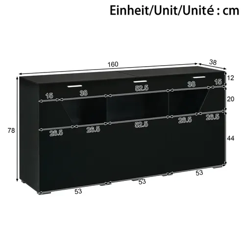 Buffet 160 Cm Avec LED, 3 Portes Vitrées Et Rangement, Noir