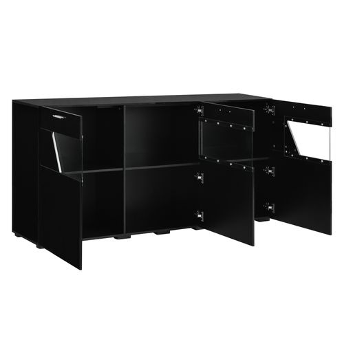 Buffet 160 Cm Avec LED, 3 Portes Vitrées Et Rangement, Noir