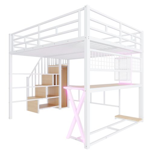 Lit Mezzanine 160x200 Cm Avec LED, Bureau, Armoire Et Escalier Rangement, Blanc