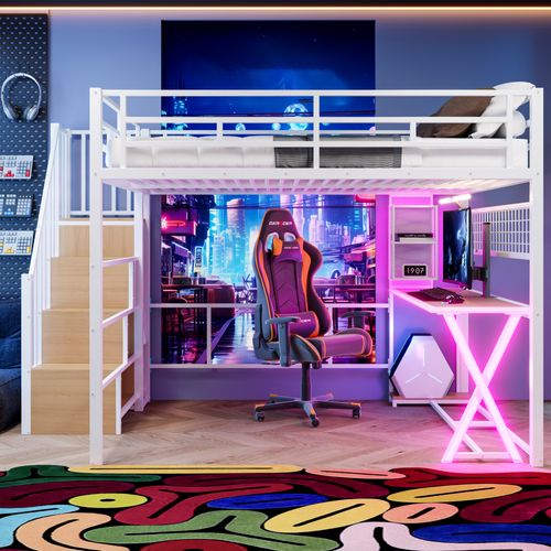 Lit Mezzanine 160x200 Cm Avec LED, Bureau, Armoire Et Escalier Rangement, Blanc