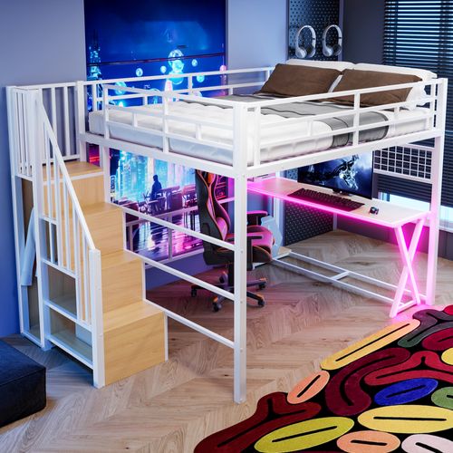 Lit Mezzanine 160x200 Cm Avec LED, Bureau, Armoire Et Escalier Rangement, Blanc