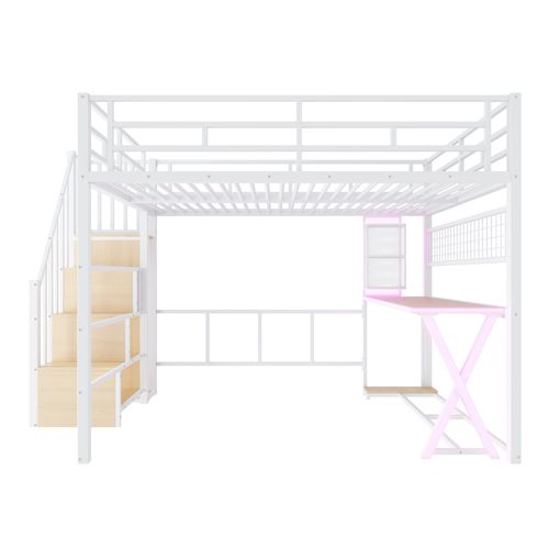 Lit Mezzanine 160x200 Cm Avec LED, Bureau, Armoire Et Escalier Rangement, Blanc
