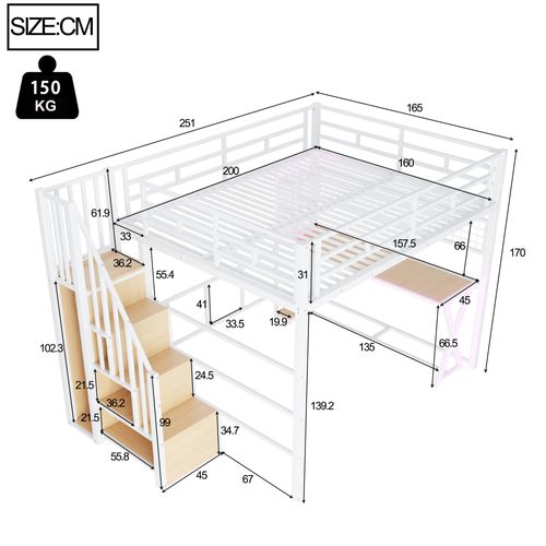 Lit Mezzanine 160x200 Cm Avec LED, Bureau, Armoire Et Escalier Rangement, Blanc