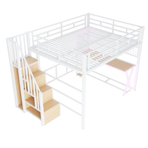 Lit Mezzanine 160x200 Cm Avec LED, Bureau, Armoire Et Escalier Rangement, Blanc