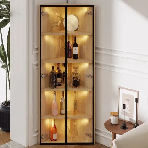 Vitrine LED-Angle Droit à 90°-Meuble de Rangement-Idéal petits espaces-En Verre-Chêne
