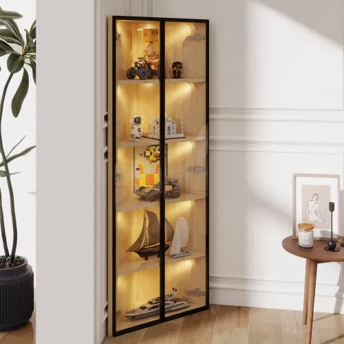 Vitrine LED-Angle Droit à 90°-Meuble de Rangement-Idéal petits espaces-En Verre-Chêne