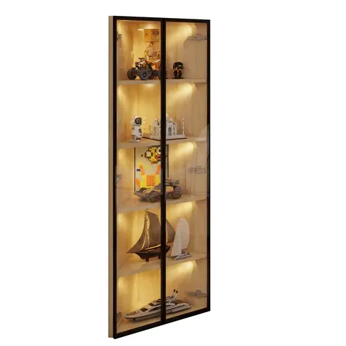 Vitrine LED-Angle Droit à 90°-Meuble de Rangement-Idéal petits espaces-En Verre-Chêne