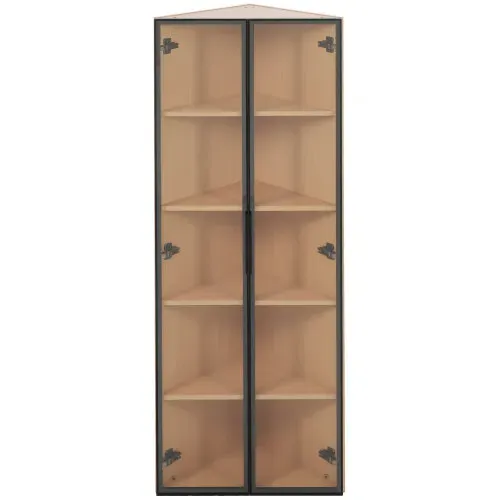 Vitrine LED-Angle Droit à 90°-Meuble de Rangement-Idéal petits espaces-En Verre-Chêne