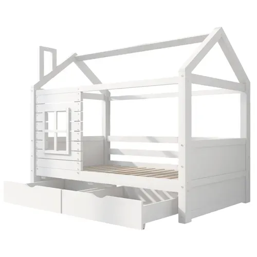 Lit Cabane Avec 2 Tiroirs 90 X 200 Cm - Avec Fenêtre - En Bois Massif - Blanc