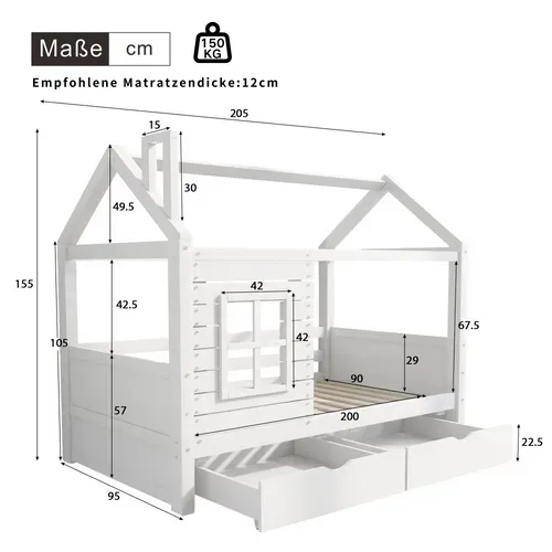 Lit Cabane Avec 2 Tiroirs 90 X 200 Cm - Avec Fenêtre - En Bois Massif - Blanc