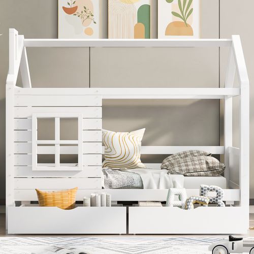 Lit Cabane Avec 2 Tiroirs 90 X 200 Cm - Avec Fenêtre - En Bois Massif - Blanc