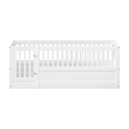 Lit Enfant 140x200 Cm - Cadre Bois Avec Barrière Et Porte De Sécurité - Blanc