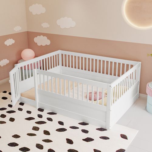 Lit Enfant 140x200 Cm - Cadre Bois Avec Barrière Et Porte De Sécurité - Blanc
