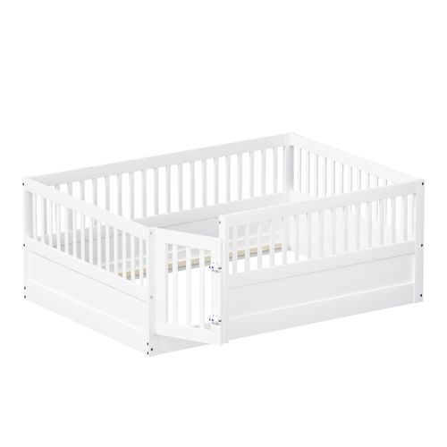 Lit Enfant 140x200 Cm - Cadre Bois Avec Barrière Et Porte De Sécurité - Blanc