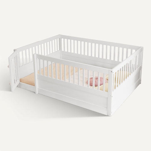 Lit Enfant 140x200 Cm - Cadre Bois Avec Barrière Et Porte De Sécurité - Blanc