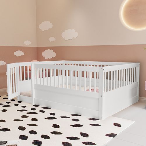 Lit Enfant 140x200 Cm - Cadre Bois Avec Barrière Et Porte De Sécurité - Blanc