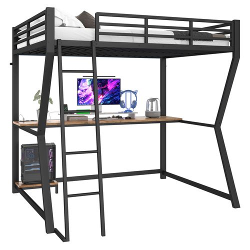 Haut Lit 140x200cm Gaming Avec Bureau Et LED, Noir
