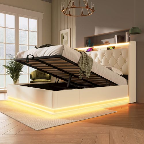 Lit Double Capitonné 160*200cm-rangement Hydraulique-avec Port De Chargement USB Type-c-blanc