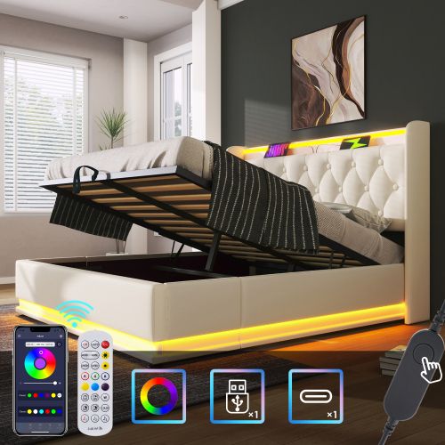 Lit Double Capitonné 160*200cm-rangement Hydraulique-avec Port De Chargement USB Type-c-blanc